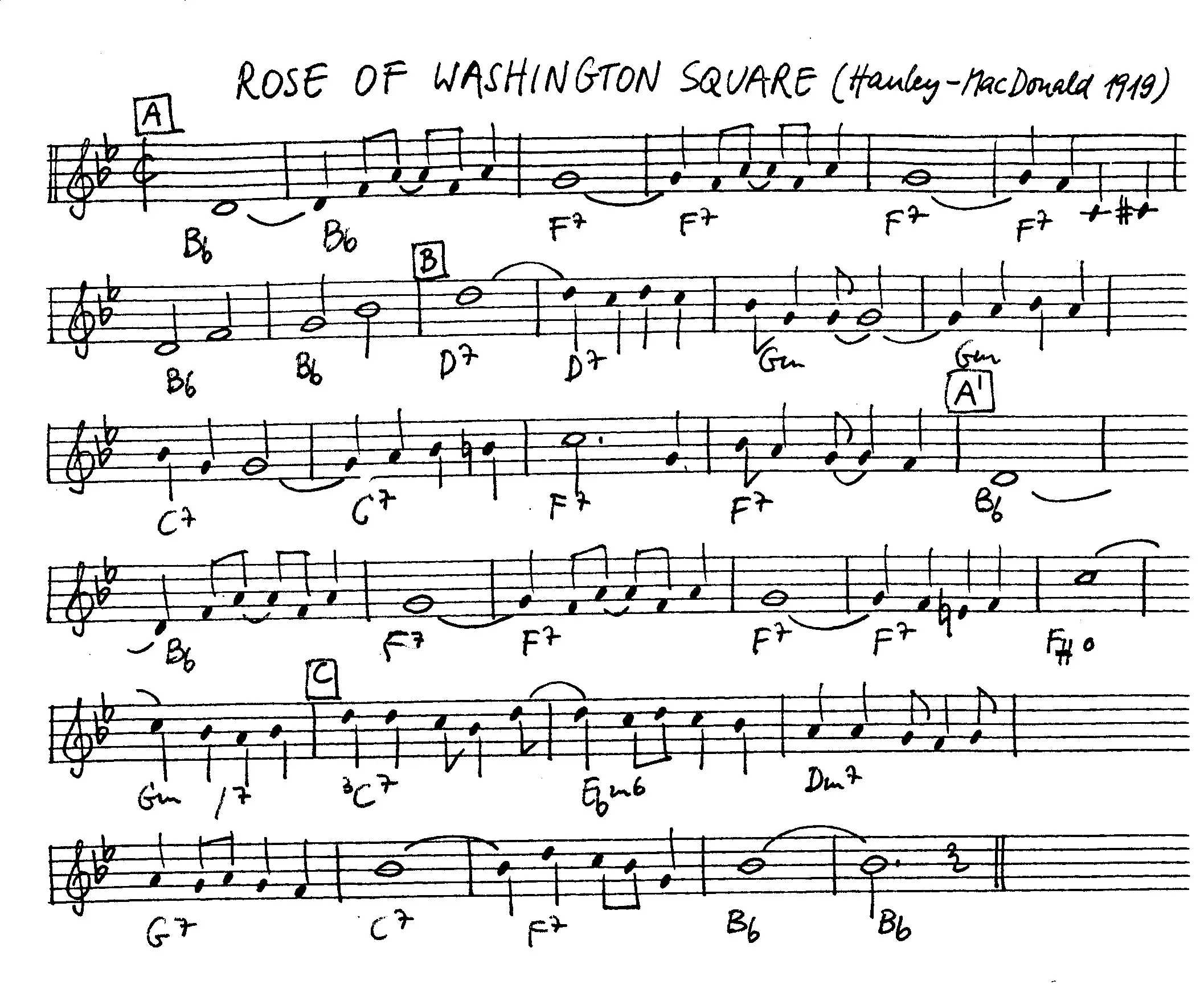 rose of washington square free jazz leadsheet - Courtesy of the Jungle Jazz Band